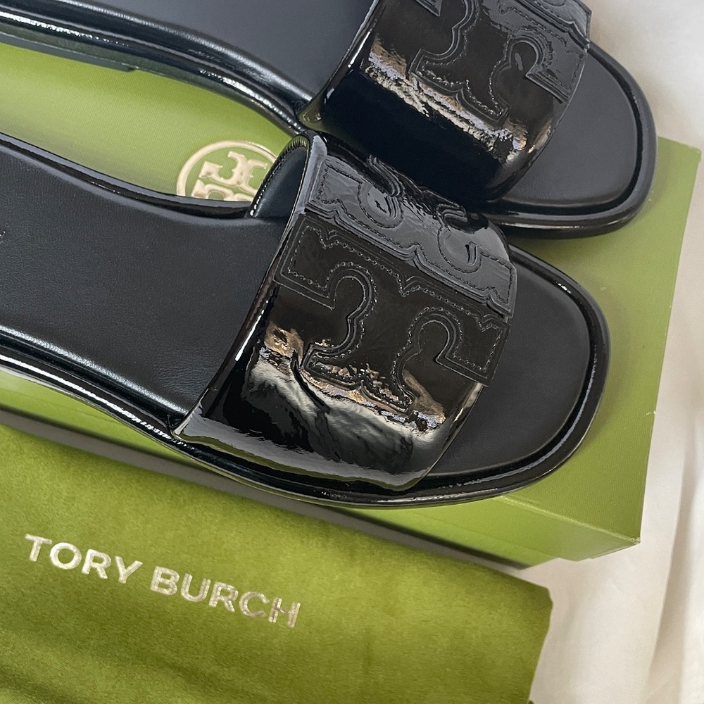 Tory Burch Double T Sport Slide Patent Leather Black 7 - Picture 2 of 11